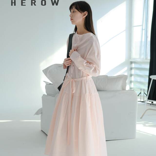 Herowrows Mama cotton light pink long-sleeved dress Lazy draped collar tethered strap large hem skirt
