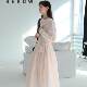 Herowrows Mama cotton light pink long-sleeved dress Lazy draped collar tethered strap large hem skirt