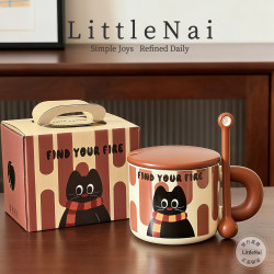 Xiaona's Lazy Cat Ceramic Coffee Cup for Girls, Suitable for Home or Office Use, with Lid, Mug for Drinking Water, Gift Item