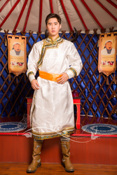 Mongolian Clothing Men's New Ethnic Costumes Long Section White Mongolian Robe Mongolian Performance Costume Dance Costume Hot Sale