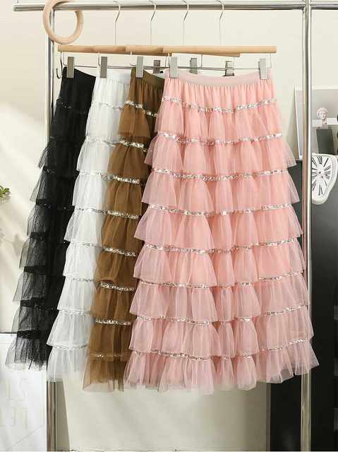 2024 spring and summer new French style sweet sequin spliced ​​mesh high waist big A-line cake skirt for women