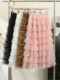 2024 spring and summer new French style sweet sequin spliced ​​mesh high waist big A-line cake skirt for women