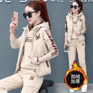 Three -piece new women's clothing plus velvet thick winter hooded sweater female casual warm sportswear fashion set tide