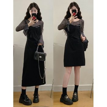 Large size fat mm Korean age-reducing fake two-piece dress for women's spring new small person who looks very good and looks slim and small black skirt