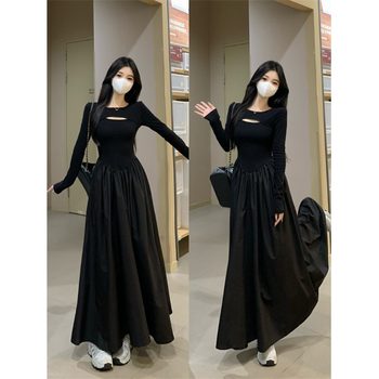 
Plus size fat mm design niche hollow knitted dress women's new autumn style splicing temperament slim little black dress