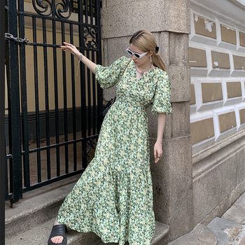 
Fat mm200Jin [Jin is equal to 0.5 kg] tall slim V-neck floral dress women's summer new style waist-covering belly-reducing ankle long skirt