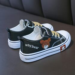 Children's Bear Canvas Shoes, Low-Top Breathable Sneakers for Girls, 2025 Spring and Summer New Style, Boys' Soft-Soled Running Shoes, Trendy