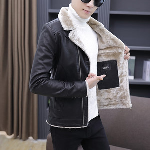 Mao -collar leather coat and velvet thickened lapel winter new self -slim Korean version of handsome warm leather jacket cotton jacket men's
