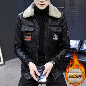 Leather coat men's autumn and winter fur plus velvet lamb cashmere cotton coat men's thickened motorcycle leather jacket
