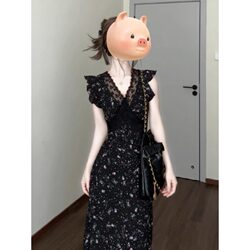 French-Style Black Lace Floral Dress for Women, Summer 2025 New Model, Stunning and Beautiful, Waist-Cinching Long Dress