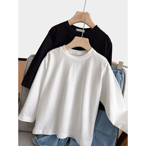 
Children's pure cotton loose bottoming shirts for boys and girls round neck cotton long-sleeved T-shirts layered tops medium and large spring children's clothing