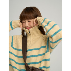 
Deer and bird can be worn both! Four-color turtleneck striped long-sleeved pullover sweater 6376