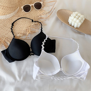 The new 2024 explosion, the front buckle the back underwear girl thin, gathered revealing bras, U sexy hanging neck bra, small bra
