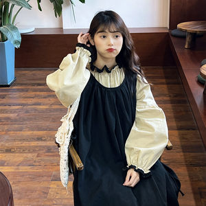 Forest style French retro lantern sleeve two-piece dress, high waisted loose layered bottom skirt, cover up skirt, long skirt