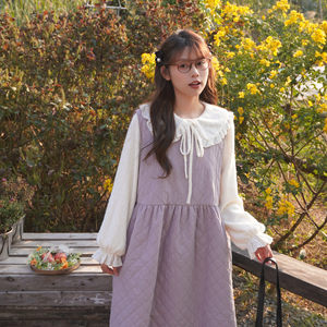 
Autumn and winter thickened forest-style retro light purple dress mid-length high-waisted layered dress with sleeveless vest dress