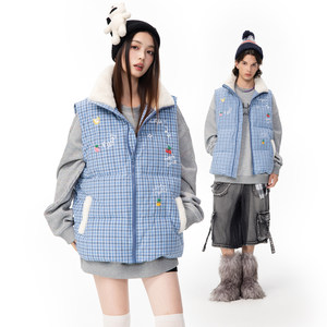 
LAMLICKA letter printed blue cotton vest men's handsome style raw edge collar slim waistcoat warm vest