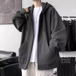 Clearance Sale: Men's Fleece-Lined Work Jacket for Auto Repair, Large Size, Warm Cardigan, Hooded Solid Color Sweatshirt