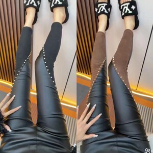 
Willow nail coated leather pants for women matte wear plush pencil pants autumn and winter high-waist nine-point casual straight-leg pants