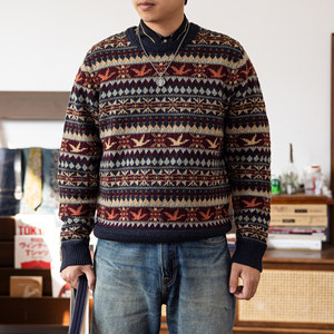 Red Wind Fer Island sweater male round neck loose pure wool sweater Nordic -style retro autumn and winter cashmere sweater
