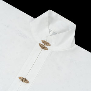 
Original Chinese women's spring and summer jacquard dark pattern with horse-face skirt top white stand collar double-breasted narrow sleeve short shirt