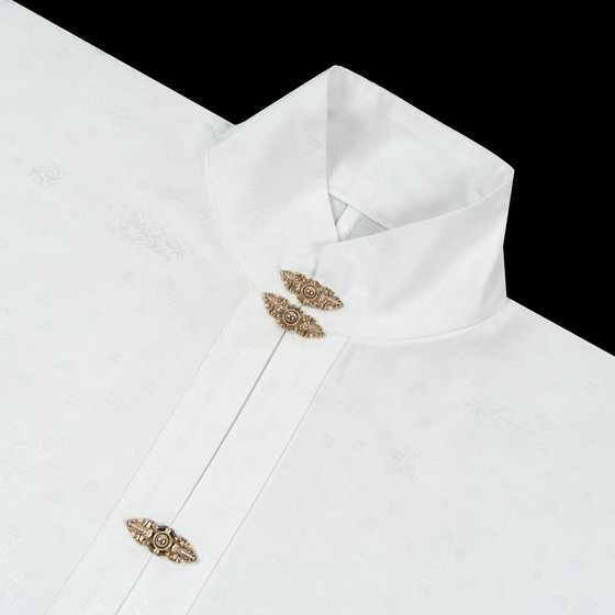 
Original Chinese women's spring and summer jacquard dark pattern with horse-face skirt top white stand collar double-breasted narrow sleeve short shirt