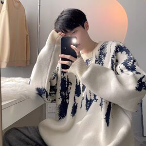 
Korean lazy style pullover sweater men's autumn design tie-dye round neck sweater oversize inner thread