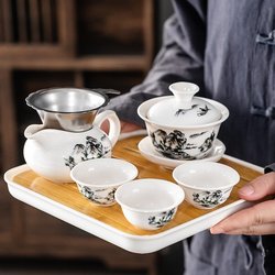 Household Kung Fu Tea Set with One Gaiwan and Three Cups, Simple Ceramic Tea Set for Entertaining Guests, Dry Tea Tray