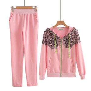 
Sports Suit Women's 2025 Autumn Sweater Fashion Rose Red Sportswear Casual Cardigan Two-piece Set Knitted Cotton