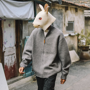 
Tu Xiansen autumn and winter Japanese retro heavy zipper cardigan sweater men's solid color casual stand-up collar sweater jacket