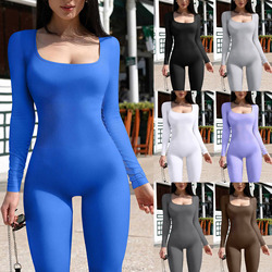 Amazon European And American Style Women's Jumpsuit Autumn And Winter New Threaded Square Collar Hip Lift Slim Sexy Jumpsuit