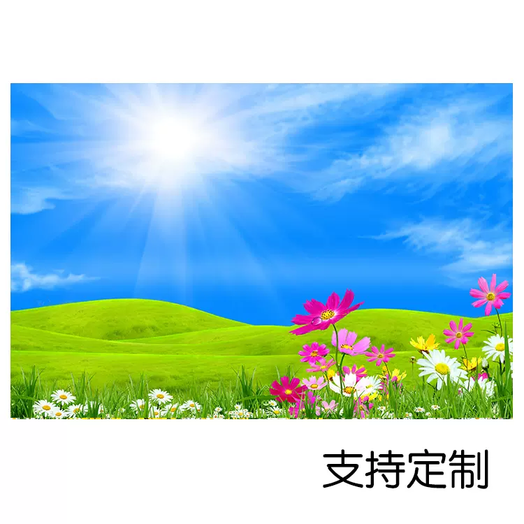 草原风景画蓝天白云客厅电视背景墙纸壁画绿色护眼草坪日出