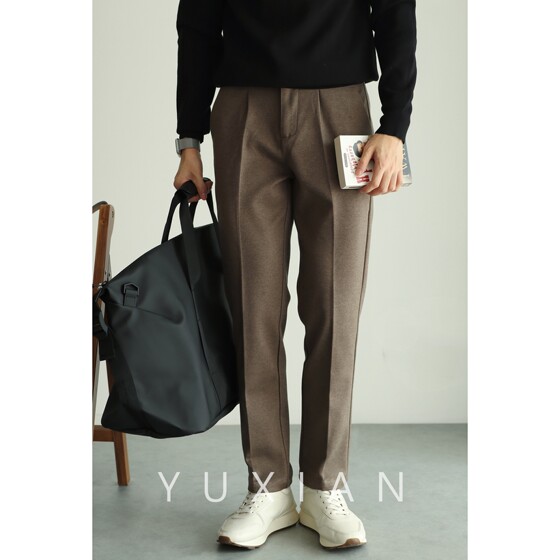 
YUXIAN Winter Stretch Woolen Casual Business Trousers Slim Straight Crop Trousers Warm Solid Color Men