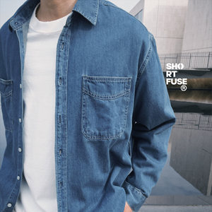 
shortfuse American loose washed denim long-sleeved pocket shirt spring and autumn tops for men