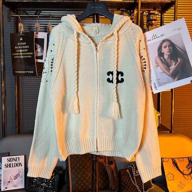 Arc de Triomphe embroidered hooded loose lazy sweater jacket for women 2025 spring new zippered long-sleeved knitted cardigan