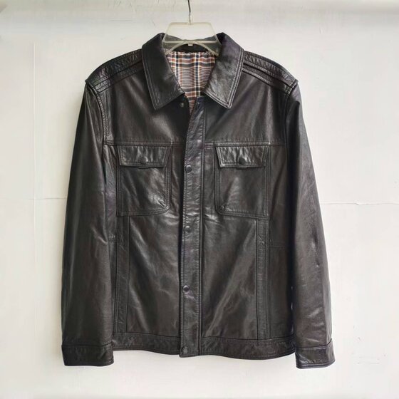 
Autumn and winter men's casual calf leather jacket long-sleeved lapel straight jacket loose top
