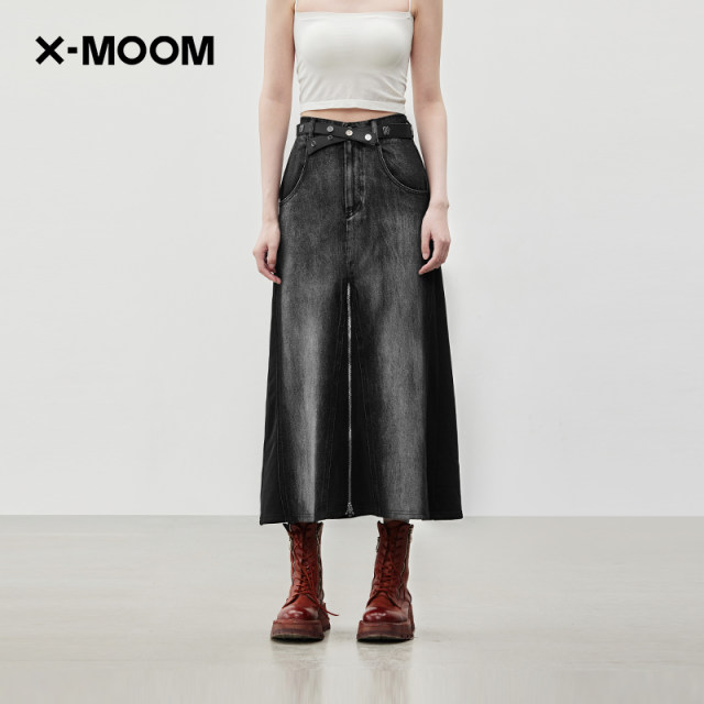 X--MOOM2024 autumn new style piece zipper decoration denim half-body waist skirt