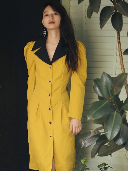 
Nanjun slit single-breasted puff-sleeved mid-length high-waist retro Hong Kong-style yellow dress for a socialite