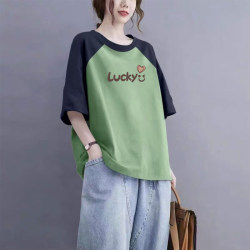 Brand Export Discount Women's Summer 100% Pure Cotton Printed Color-Block Short-Sleeve Top Casual Slimming T-Shirt