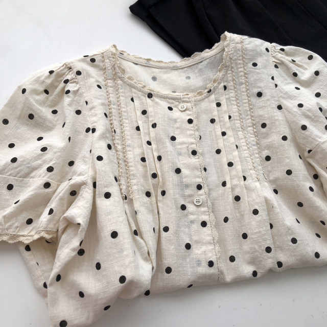 Gentle and chic small dot printed lace lace splicing short-sleeved age-reducing shirt doll shirt versatile student cotton t
