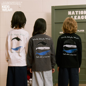 
Three-color back whale print long-sleeved base base T-shirt children's top loose men's and girls' clothing spring, autumn and winter new