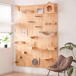 Solid Wood Cat Climbing Frame and Cat House Combo, No-Drill Installation, Space-Saving Perforated Board Cat Wall, Cat Scratching Board, Hammock