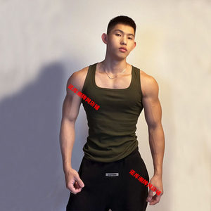 Summer American square collar wide-mouth vest men's pure cotton thick thread army green fitness sports breathable like sleeveless
