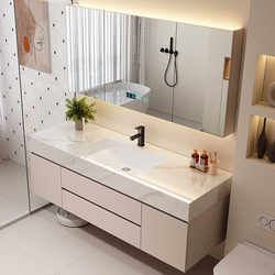 Cream-Colored Bathroom Toilet with Seamless Rock Slab Integrated Washbasin, Ceramic Bathroom Cabinet Combination Washstand