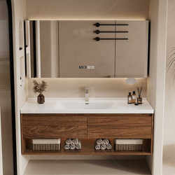 Light Luxury Black Walnut Color Bathroom Cabinet with Integrated Ceramic Washbasin and Sink