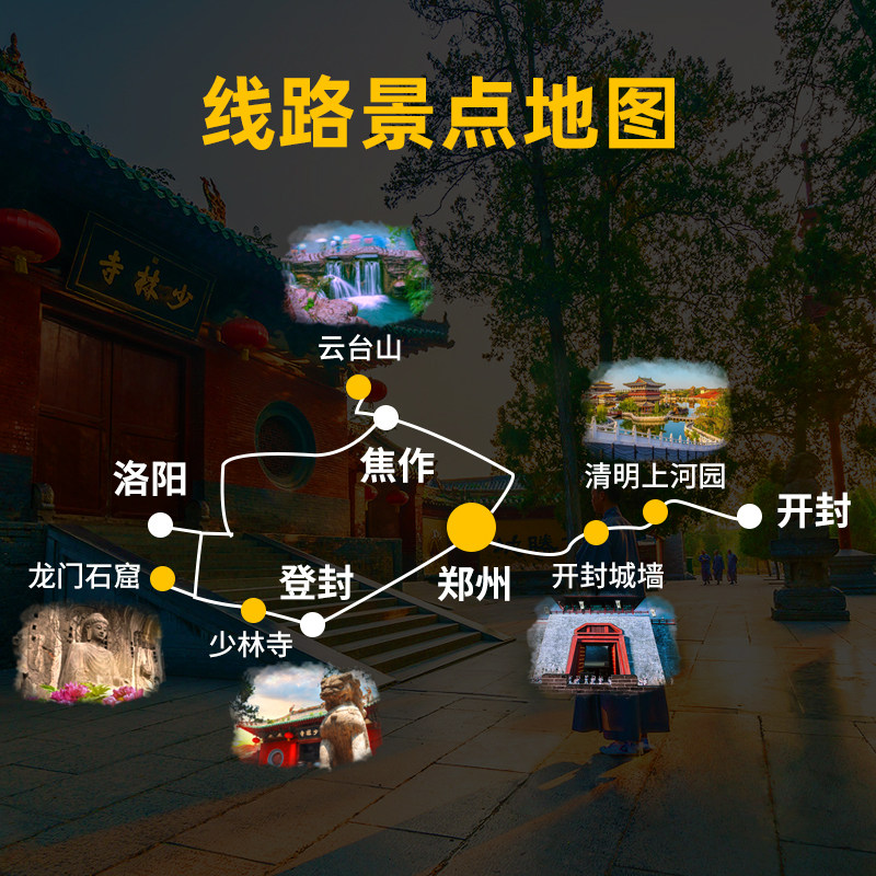 【高铁往返】河南旅游5日郑州洛阳旅游龙门石窟云台山少林寺开封