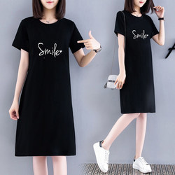 Plus-Size Mid-Length New Dress ins Pure Black Summer Loose Large Size Short-Sleeved Student T-Shirt Dress Women's Clothing