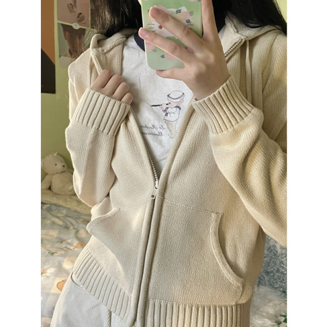 Brandy Baby spring beige hooded zipper knocking cardigan female BM loose sweater coat Shizuka same model
