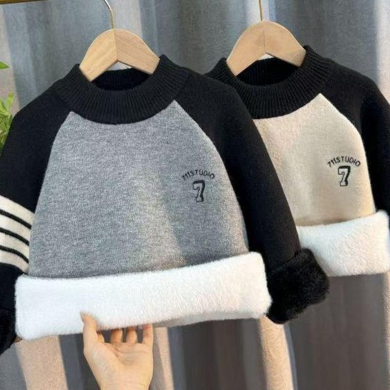
Boys' all-in-one velvet sweater 2026 casual boys' velvet thickened bottoming shirt for middle and large children pullover sweater tops