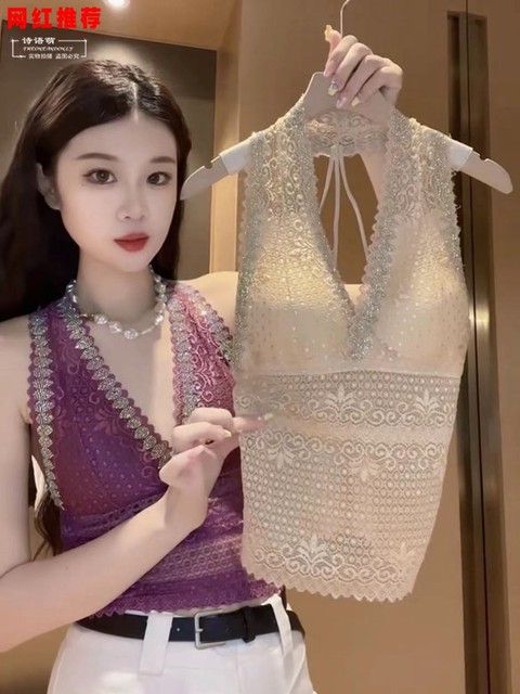 Internet celebrity hot model 2024 new hot diamond beautiful back lace halterneck small sexy slim chest padded vest suspender for women