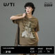 U/TI military green ceramic printed art T-shirt women's clothing simple loose diamond short-sleeved Youti 2025 spring new style
